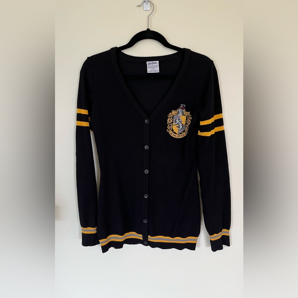 Harry Potter Hufflepuff Open Front Cardigan Knit Sweater Black & Gold w/patch M